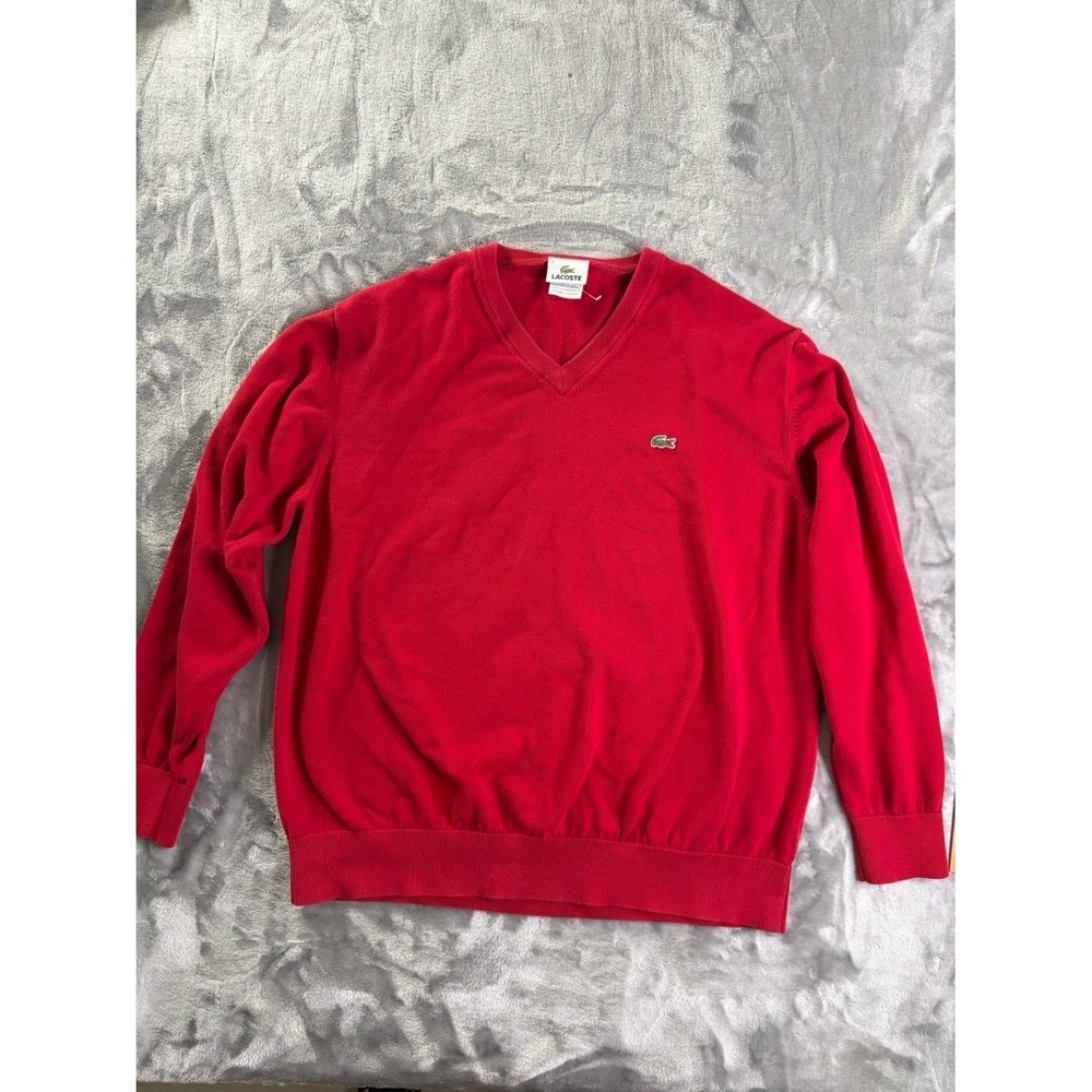 Lacoste Men's V-Neck Sweater Red Cotton Size 7 XL Embroidered Crocodile Logo